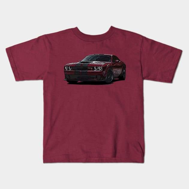 Inferno Blaze: RED Dodge Challenger Fiery Full Body Highly Posterize Car Design Kids T-Shirt by GearHead Threads